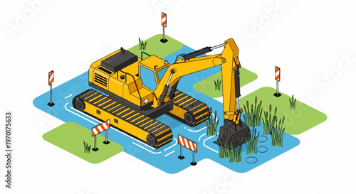 Isometric Yellow Excavator Working in Wetland or Water Construction Site