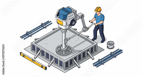 Isometric Illustration of Construction Worker Using a Power Trowel to Finish Concrete Surface, Industrial Building Site with Tools and Rebar on White Background