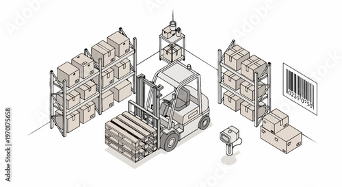 Isometric Warehouse Illustration with Forklift, Storage Racks, and Cardboard Boxes for Logistics and Supply Chain Management Concept
