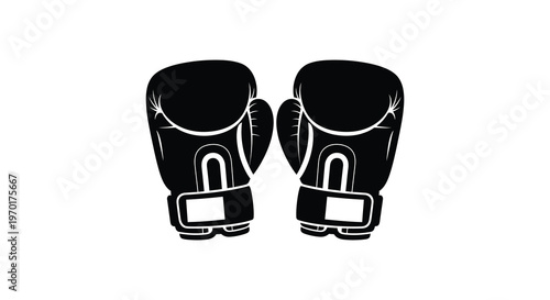 A striking pair of black boxing gloves are prominently displayed against a white background a bold silhouette