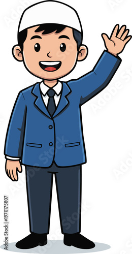 Friendly Muslim Businessman in Blue Suit Waving Hand Welcomingly Illustration