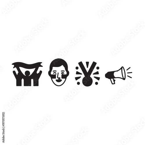 Supporter fan icons featuring crowd with banner face paint medal and megaphone for sports event marketing fan engagement and digital interface designs.