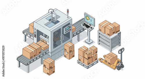 Automated Factory Packing Line Isometric Vector Illustration with Conveyor Belt and Cardboard Boxes for Logistics and E-commerce Fulfillment Concept