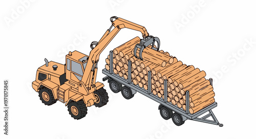 Isometric Illustration of a Forestry Log Loader Machine Loading Timber onto a Trailer. Wood Industry and Logging Equipment Concept Isolated on White Background.