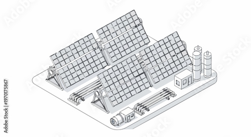Isometric Solar Power Plant Line Art Illustration - Renewable Energy Farm Concept