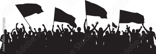 A group of people are waving flags in the air