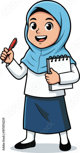 Cheerful Muslim School Girl Wearing Hijab Holding a Pen and Notebook Ready for Learning or Education
