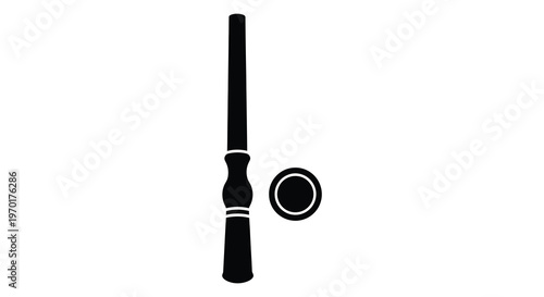 A minimalist depiction of a wand and snitch presented in stark black shapes against a white background silhouette