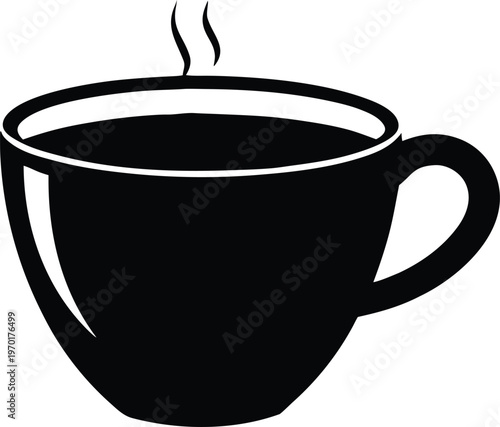 Black minimalist hot steaming coffee mug vector icon