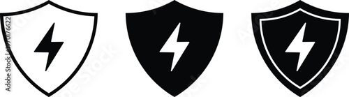Shield and Lightning Bolt Icon Set. Shield with flash and power symbol. Cybersecurity and fast protection symbols. Electric shield and rapid defense icons
