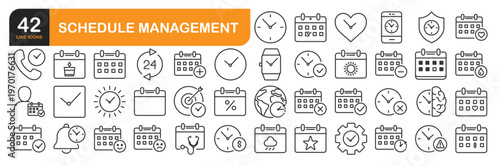 Set of line icons related to Schedule Management, Time, Calendar. Outline icons collection. Editable stroke. Vector illustration
