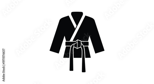A stark black silhouette depicts a traditional martial arts uniform featuring a belted gi and striking design silhouette