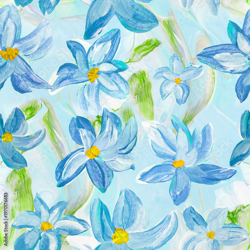 Seamless pattern of abstract painting blue flowers, original hand drawn, impressionism style
