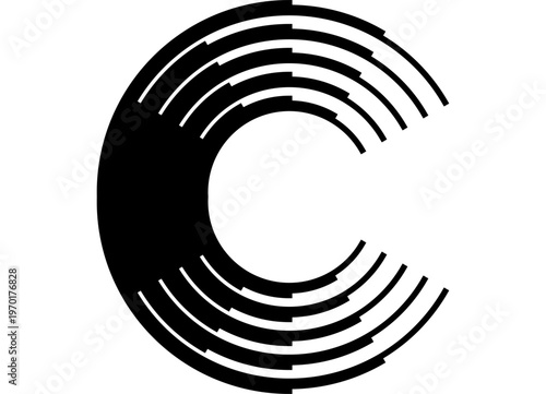 Letter C. Round striped Vector pattern from lines. Disk. Black Design element on white background. Vector background with place for text for covers, advertising, print, label, interior. Ring. Technolo
