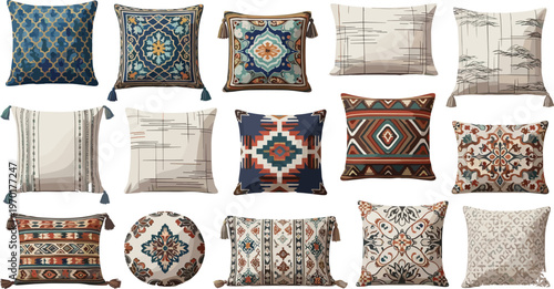 Collection of decorative ethnic throw pillows with geometric and floral patterns in boho style, ornamental cushion set isolated on white background