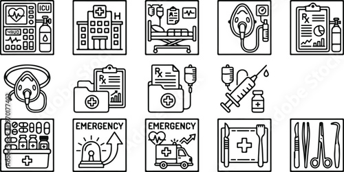 Hospital Intensive Care Unit and Emergency Medical Services line Icon Set