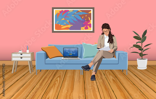 A professional woman in a suit sitting on a couch, reviewing documents with a laptop nearby in a modern pink room.