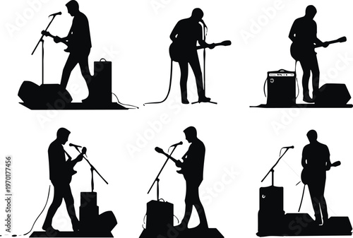 Musician guitarist silhouette set performing live concert with microphone and amplifier, music performance vector illustration isolated background