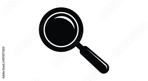 A stark black magnifying glass is displayed against a white background showcasing a minimalist silhouette high quality professional
