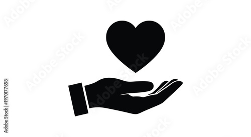 A dark silhouette of a hand gently cradling a solid black heart shape conveying love and care silhouette