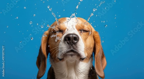 Beagle Dog with Eyes Closed on Blue Background