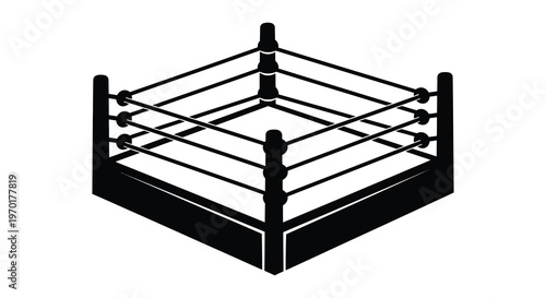 A stark black silhouette depicts a professional wrestling ring showcasing ropes and corner posts silhouette high quality detailed