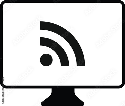RSS feed icon with computer laptop . Latest news and feed symbols. Application and website signs. Content delivery and follow icons