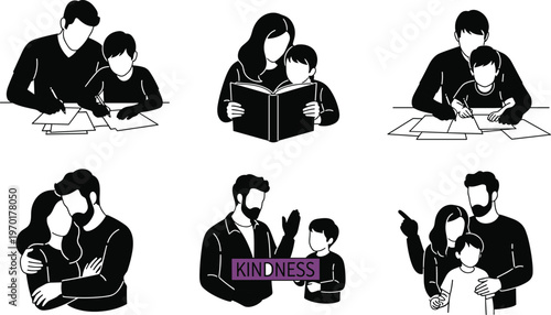 Parents helping children learning and reading silhouettes, family education support illustration vector parenting concept set