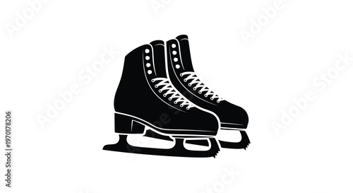 A striking black silhouette depicts a pair of vintage ice skates with detailed lacing and blades silhouette