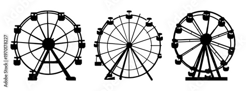 Amusement park wheel set with solid black icon on white background featuring ferris wheel, amusement rides, iconography with vector silhouette and flat design