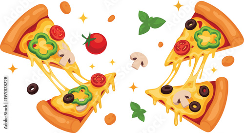 Delicious pizza slices set with cheese, vegetables and toppings, fast food illustration collection in flat vector style