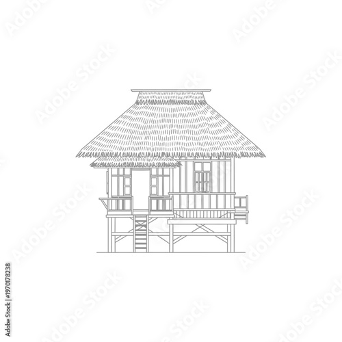Traditional tropical hut sketch with thatched roof on elevated wooden platforms x.
