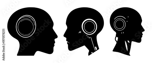 Machine learning robot head set with solid black icon on white background featuring machine learning, artificial intelligence, robotics with silhouette and profile