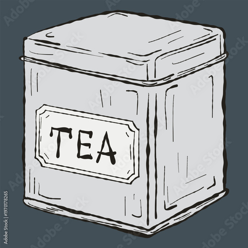 Artisan Hand-Drawn Vintage Tea Tin Illustration. Boutique Metal Tea Caddy Vector for Specialty Packaging and Branding