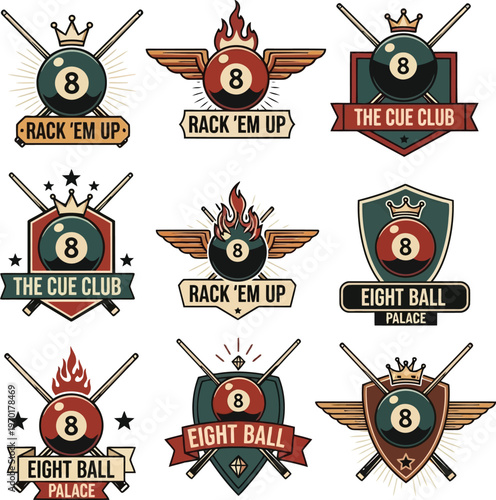 Eight ball pool billiards logo set