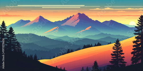 Sunrise and sunset over a misty mountain landscape with clouds, snow, forest and valley views