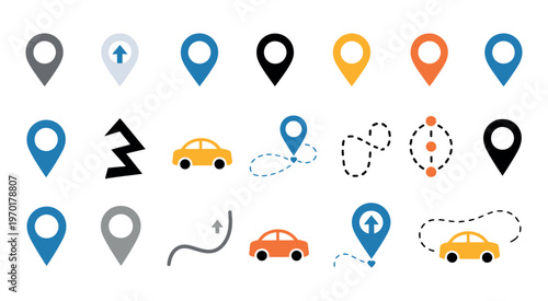 Navigation icons colorful flat design with map pin location route path and car elements modern travel vector illustration