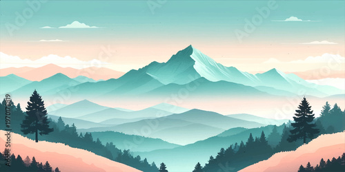 Snowy mountain landscape in the morning with misty peaks, forest valleys, clouds, and a blue sky view