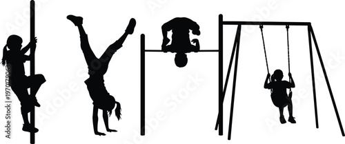 Children playground silhouettes showing climbing handstand swinging hanging playful activities vector illustration concept for fun childhood outdoor recreation design