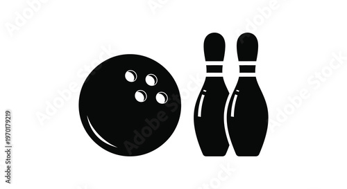 A minimalist black graphic depicts a bowling ball and pins showcasing a classic recreational activity silhouette high quality