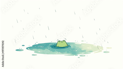 水たまりの中で雨を楽しむ可愛いカエルのイラスト