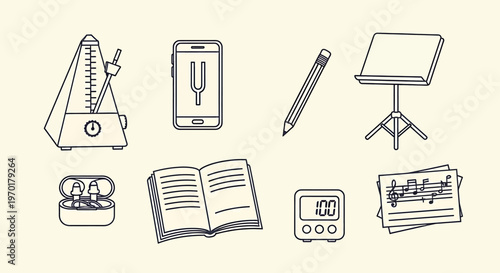 Hand drawn sketch collection of musical instruments and accessories isolated on transparent background