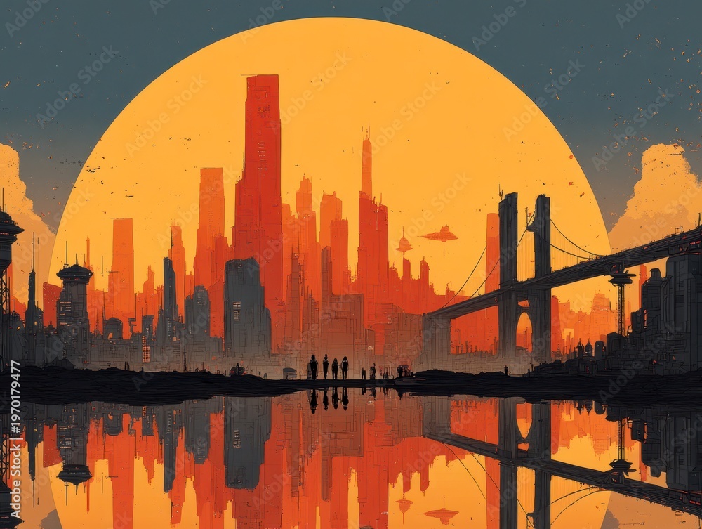 Obraz premium A colorful retro vector illustration blending past and future aesthetics highlighting a stylized future world