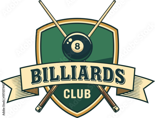 Billiards club logo with pool cue and 8 ball