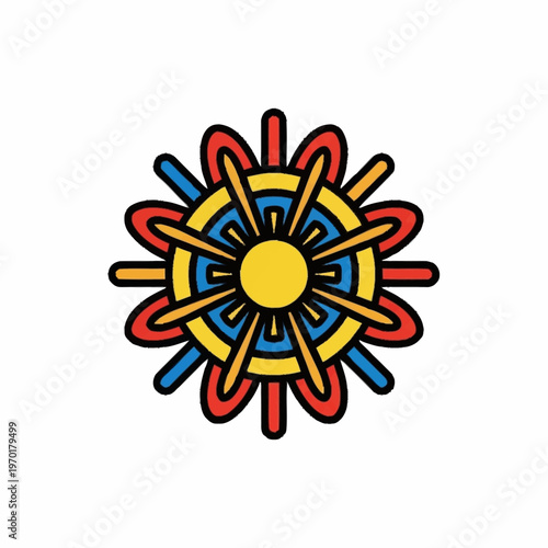 Colorful Dharma Wheel Symbol with Sun-like Center.