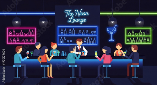 Neon lounge bar with people sitting at counter bartender serving drinks colorful neon signs and bottles on shelves in background