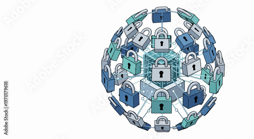 Cybersecurity and Data Protection Concept: Network of Padlocks Protecting Digital Server Core on White Background
