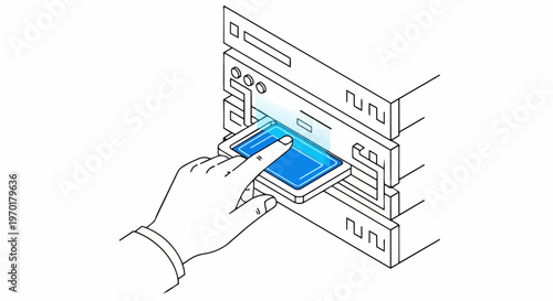 Isometric Line Art Illustration of a Hand Inserting a Glowing Data Module into a Server Rack