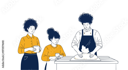 Professional baker kneading dough with apprentices in a bakery