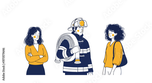 Brave Firefighter in Uniform Holding Hose with Community Members